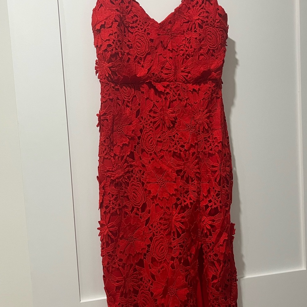 Lulu's Vibrant Red Floral Lace Midi Dress